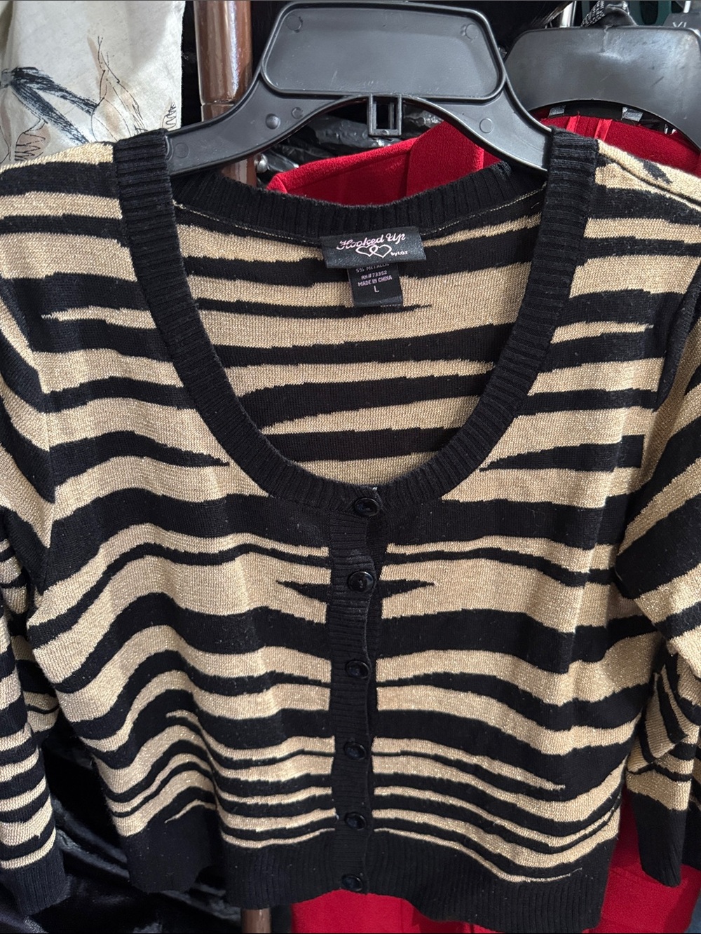 Womens Black and Beige Striped Button-Front Sweater